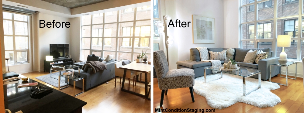 Before & after photos of a staged living room 
