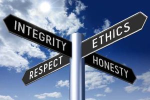 street sign - integrity, ethics, respect, honesty