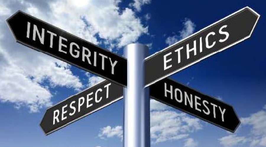 street sign - integrity, ethics, respect, honesty