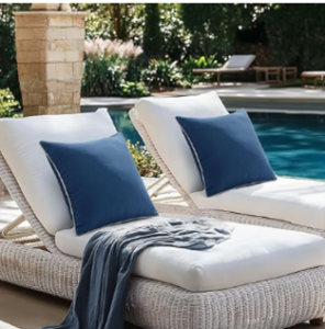 blue outdoor cusions and covers on lounger